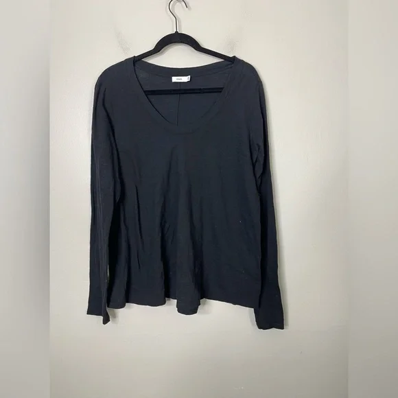 Vince Pima Cotton Essential Long Sleeve Tee V Neck in Black Sz L - Picture 2 of 10